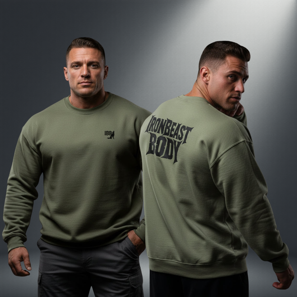 Shadow Core Pullover Militärgrün - IRON BEAST BODY Premium Fitness Hoodie Model

