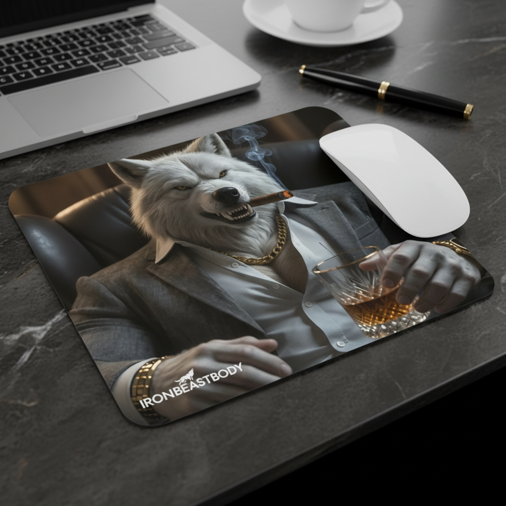 IRON BEAST BODY White Alpha Boss Wolf Mousepad - Premium Gaming Mauspad mit weißem Alpha-Wolf-Motiv
