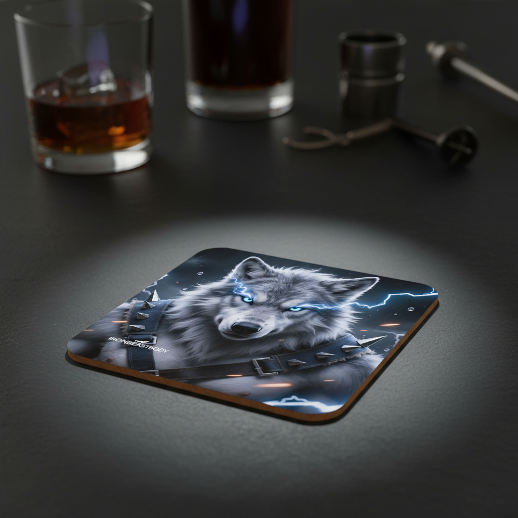 IRON BEAST BODY Thunderclap Wolf Untersetzer 4er Set - Premium Korkuntersetzer mit Blitz-Wolf-Motiv
