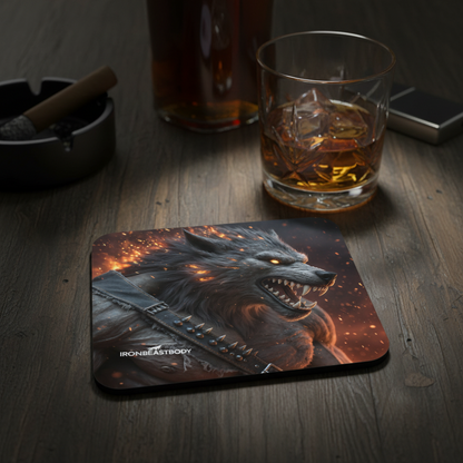 IRON BEAST BODY Lava Wolf Untersetzer 4er Set - Premium Korkuntersetzer mit Lava-Wolf-Motiv
