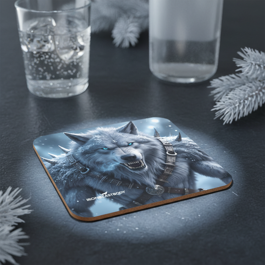 IRON BEAST BODY Frozen Wolf Untersetzer 4er Set - Premium Korkuntersetzer mit Eis-Wolf-Motiv
