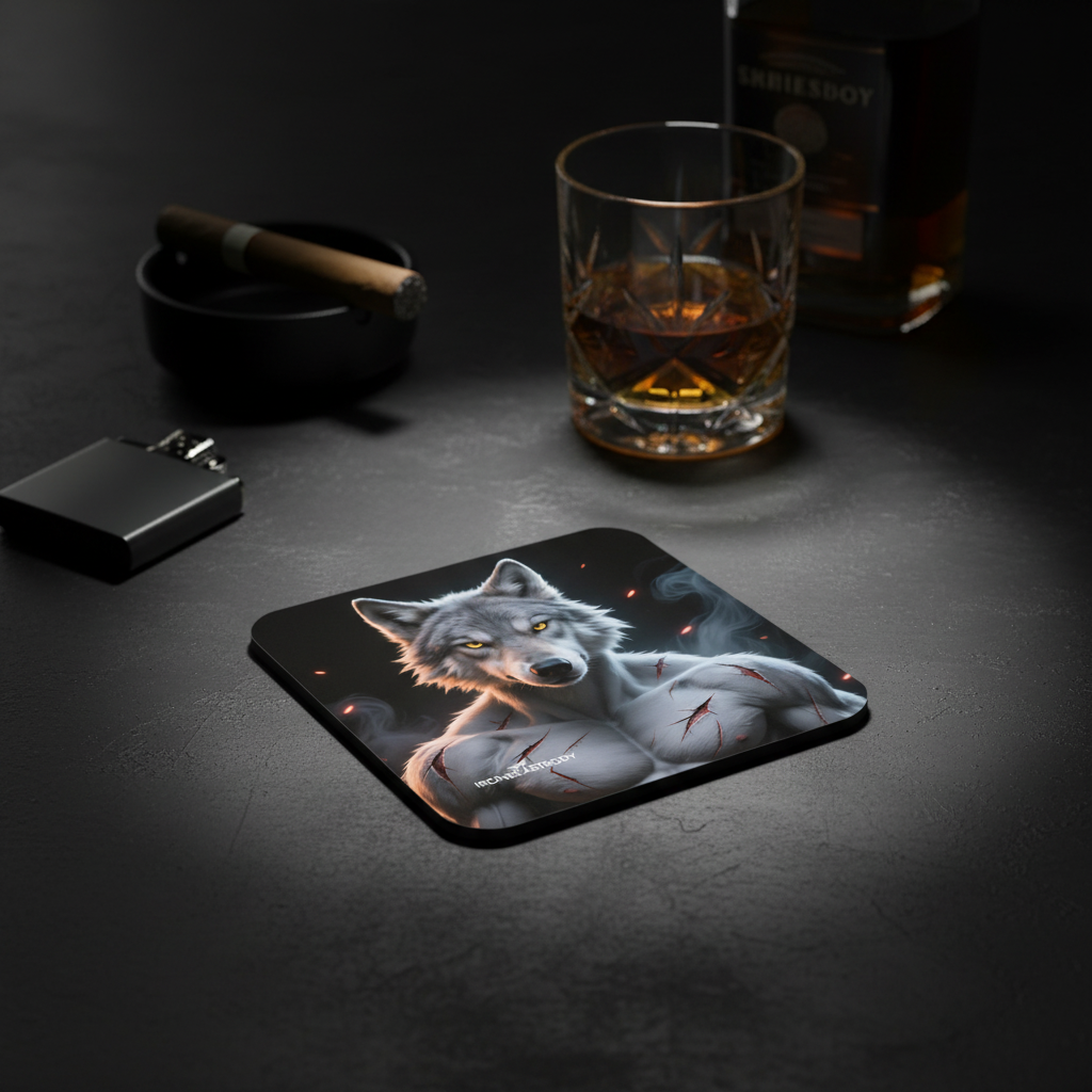 IRON BEAST BODY Scarred Alpha Wolf Untersetzer 4er Set - Premium Korkuntersetzer mit vernarbtem Alpha-Wolf
