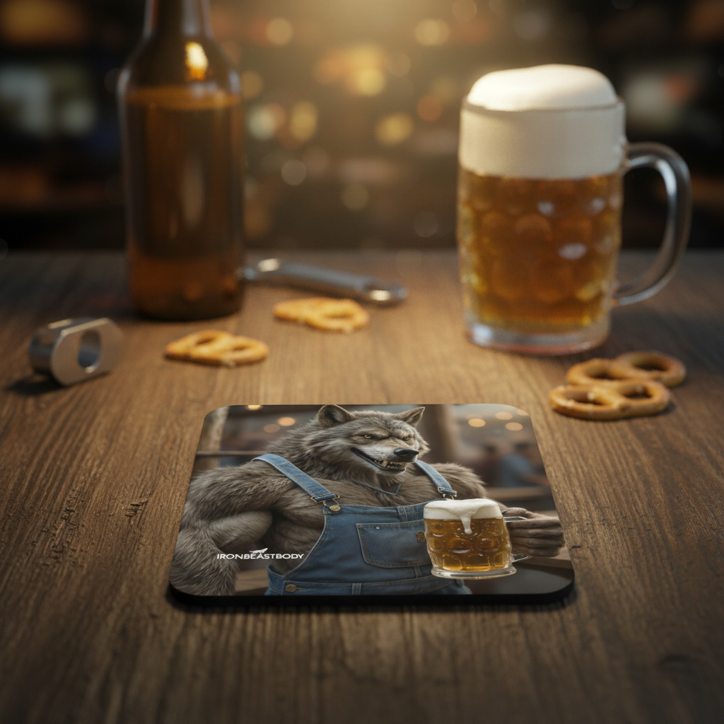 IRON BEAST BODY Beer Worker Wolf Untersetzer 4er Set - Premium Korkuntersetzer mit Bier-Wolf-Motiv
