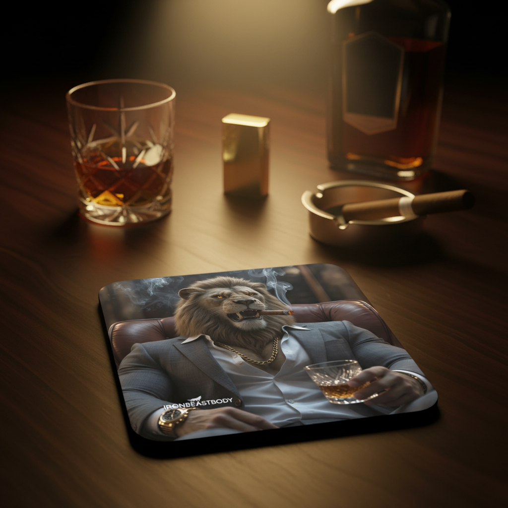 IRON BEAST BODY Alpha Boss Lion Untersetzer 4er Set - Premium Korkuntersetzer mit Löwen-Motiv
