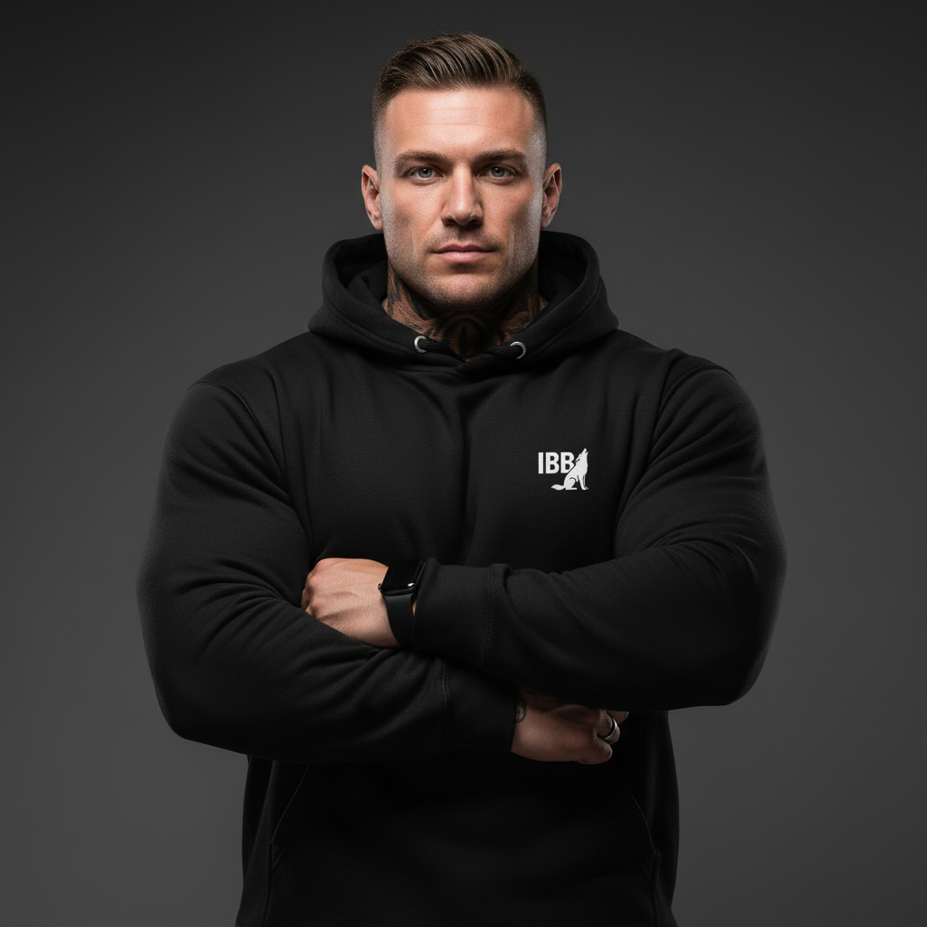 Lion Force Hoodie Schwarz Vorne - IRON BEAST BODY Premium Fitness Kapuzenpullover Model
