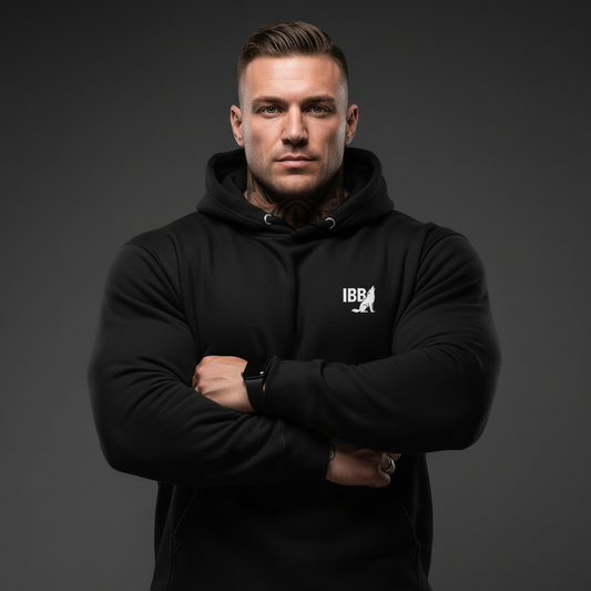 Lion Force Hoodie Schwarz Vorne - IRON BEAST BODY Premium Fitness Kapuzenpullover Model
