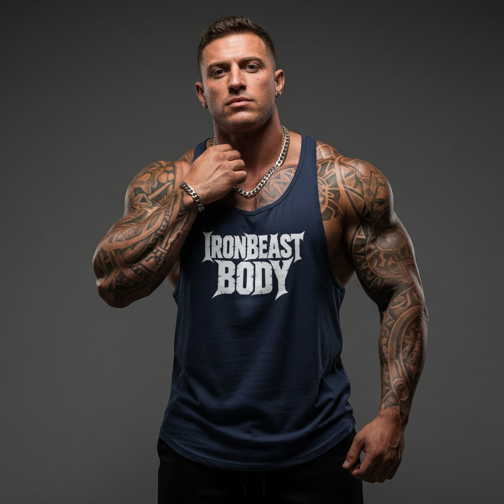 Shadow Core Tanktop Marineblau - IRON BEAST BODY Premium Fitness Tank Top Model
