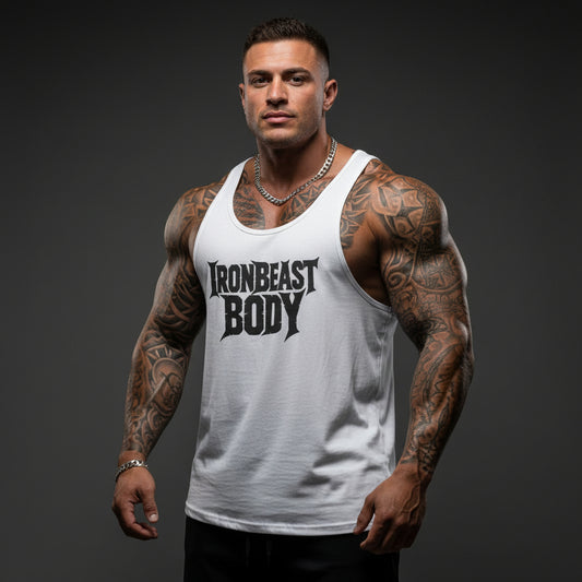 Apex Muscle Tanktop Weiß - IRON BEAST BODY Premium Fitness Tank Top Model
