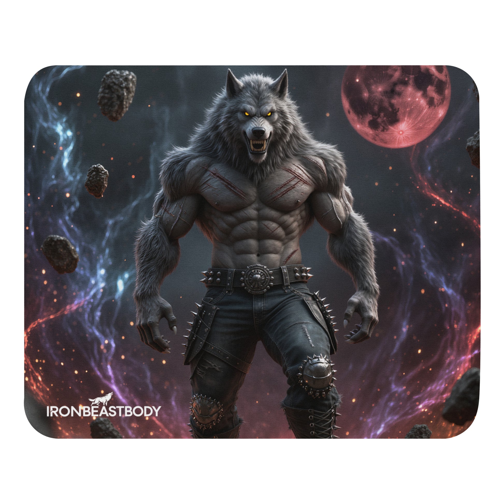 IRON BEAST BODY Mousepad mit Bloodmoon Wolf Design - Frontansicht 22x18cm
