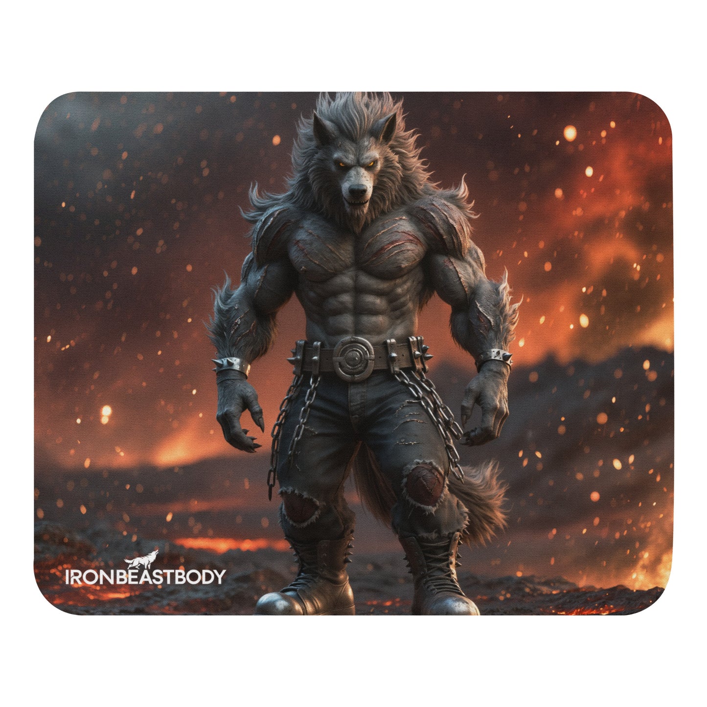 IRON BEAST BODY Mousepad mit Fire Wolf Design - Frontansicht 22x18cm
