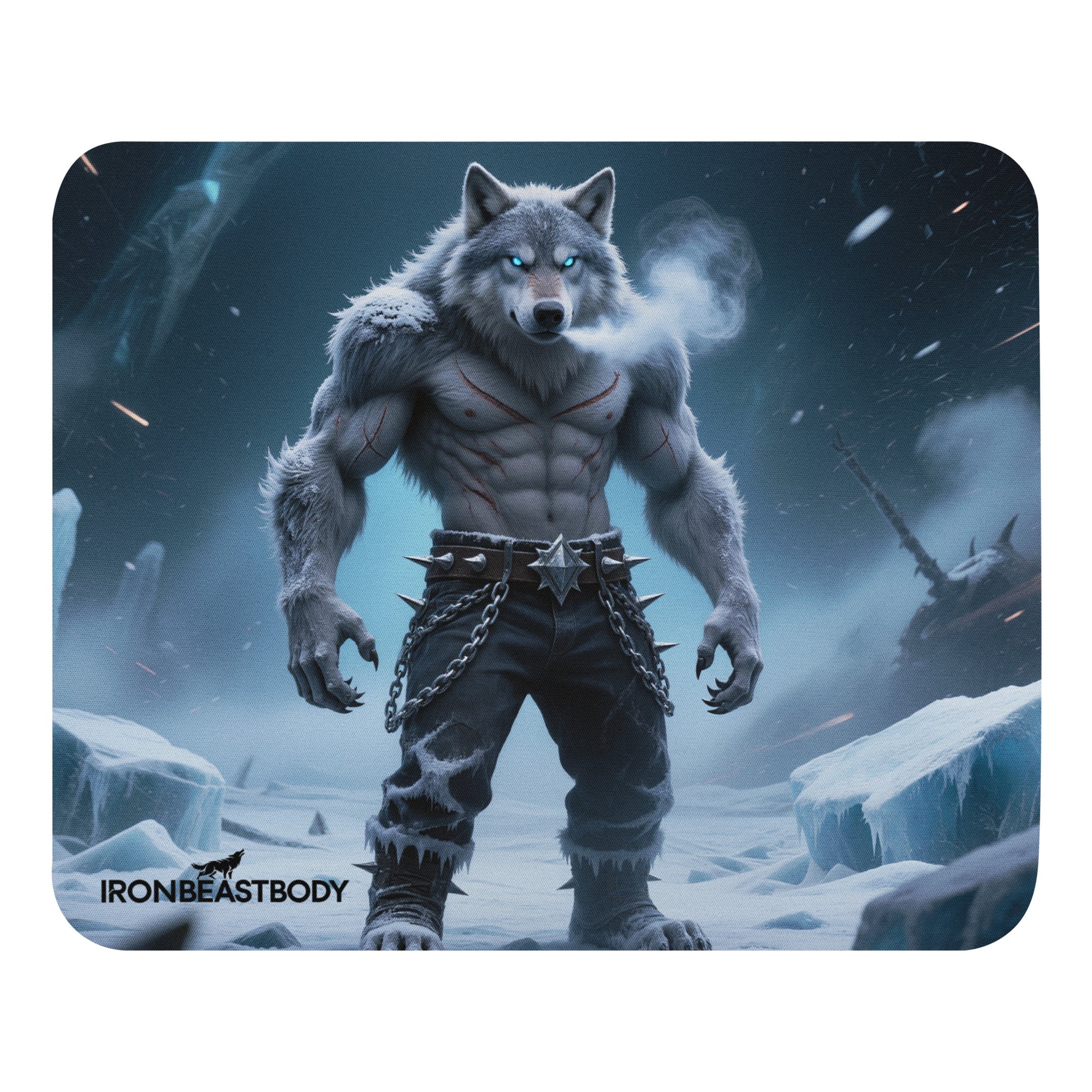 IRON BEAST BODY Mousepad mit Frozen Wolf Design - Frontansicht 22x18cm
