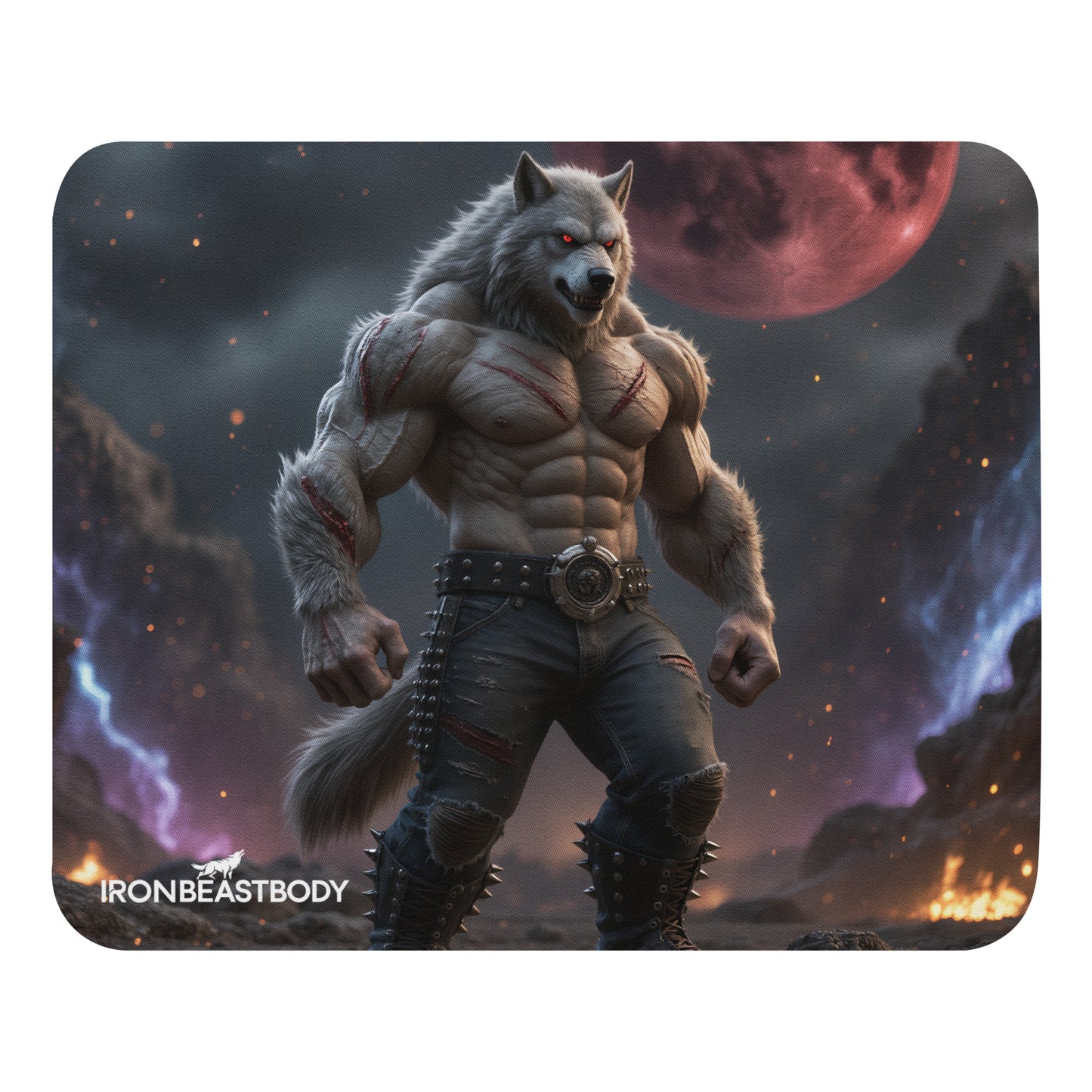 IRON BEAST BODY Mousepad mit Full Moon Wolf Design - Frontansicht 22x18cm
