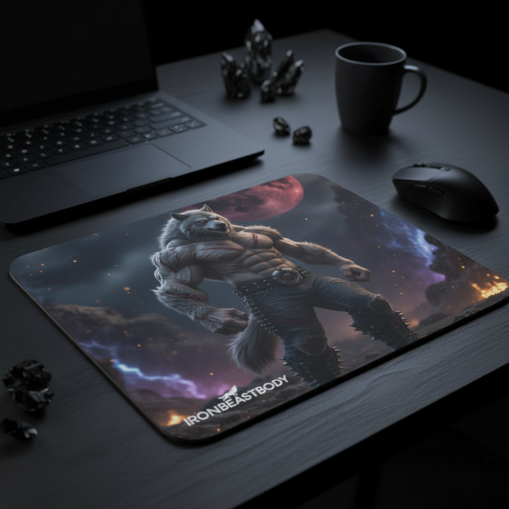 IRON BEAST BODY Full Moon Wolf Mousepad - Premium Gaming Mauspad mit Vollmond-Wolf-Motiv
