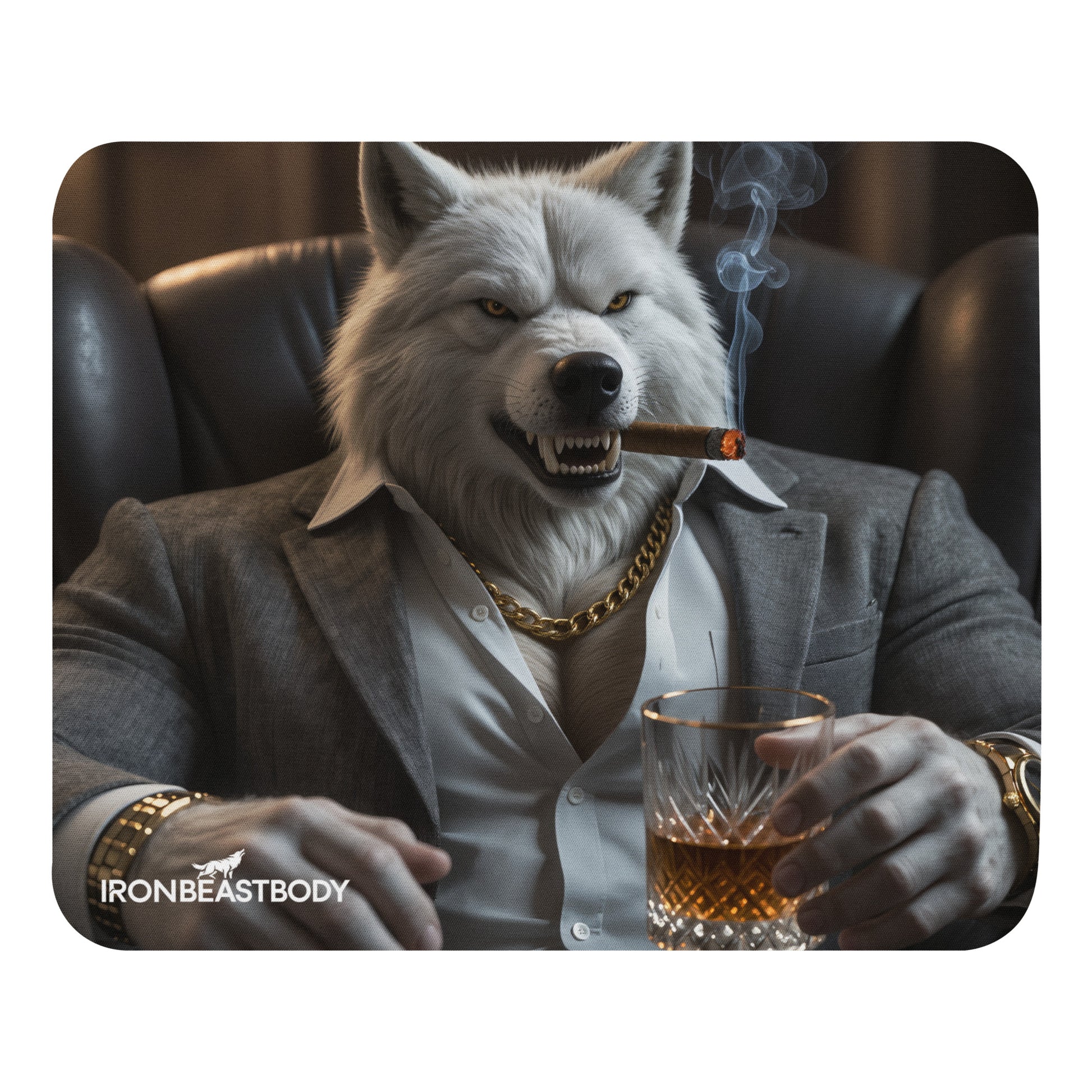 IRON BEAST BODY Mousepad mit White Alpha Boss Wolf Design - Frontansicht 22x18cm
