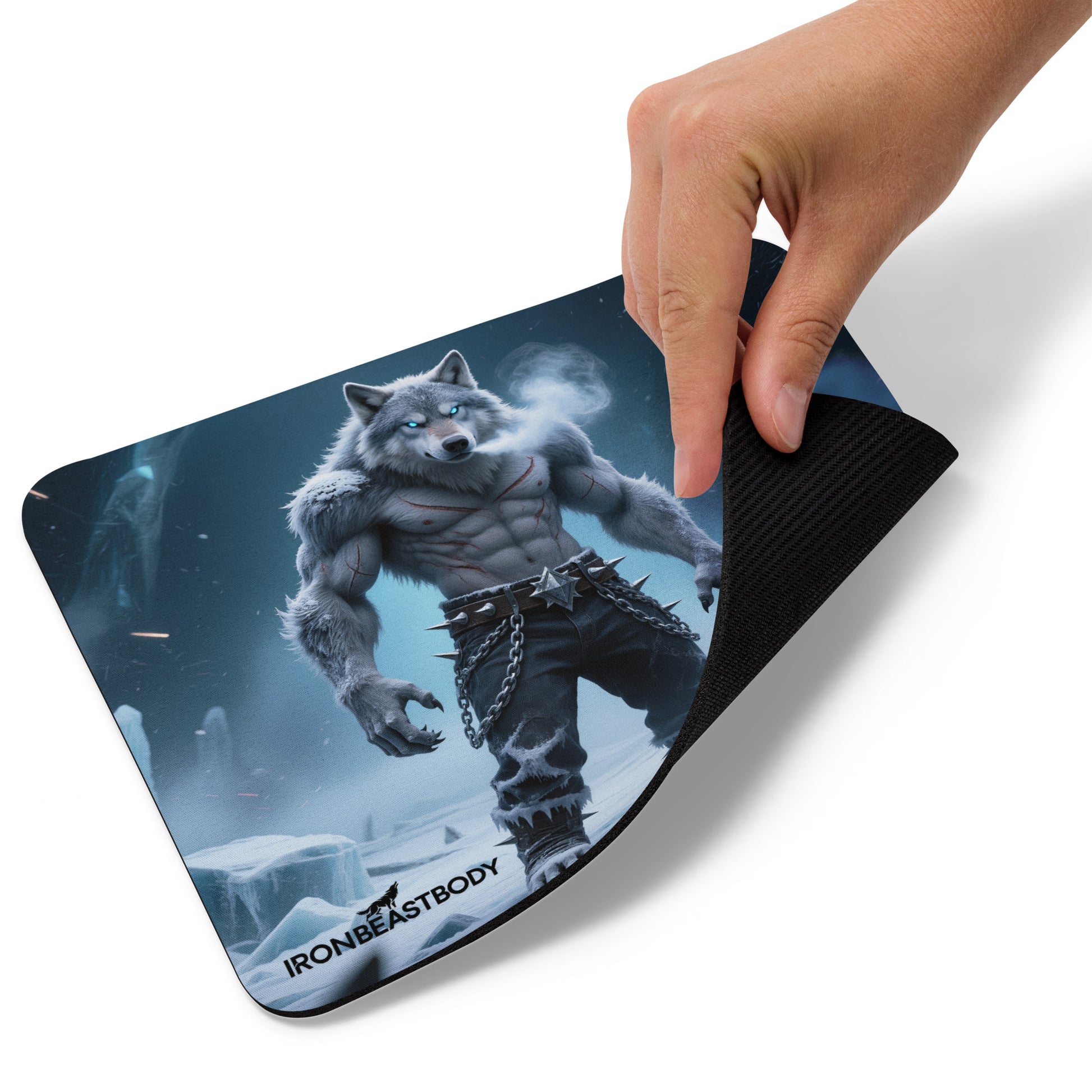 Frozen Wolf Mousepad Detailansicht - Naturkautschukbasis und Polyesteroberfläche
