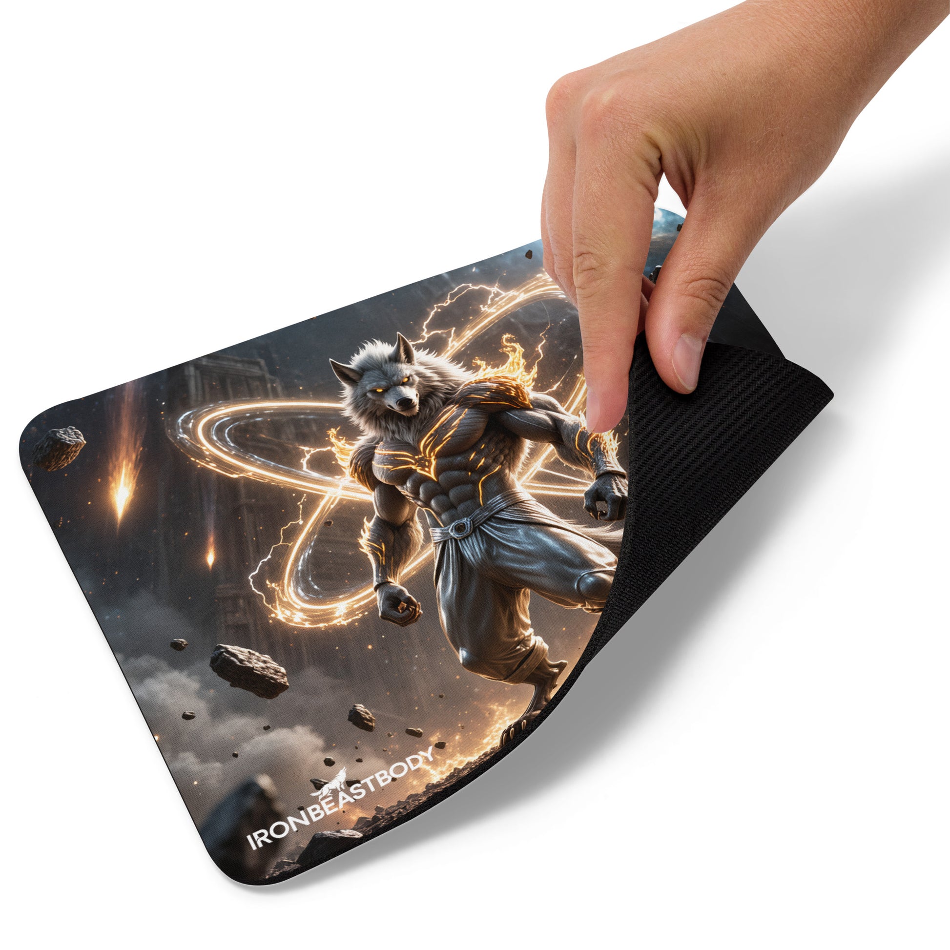 Galaxy Wolf Mousepad Detailansicht - Naturkautschukbasis und Polyesteroberfläche
