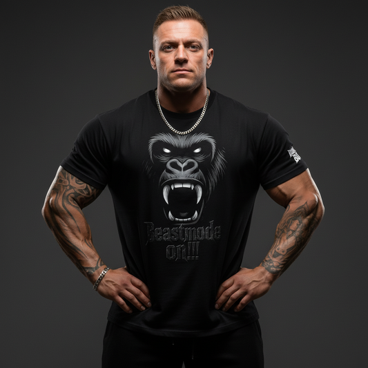 Beast Mode Gorilla T-Shirt Schwarz - IRON BEAST BODY Premium Fitness Shirt Model
