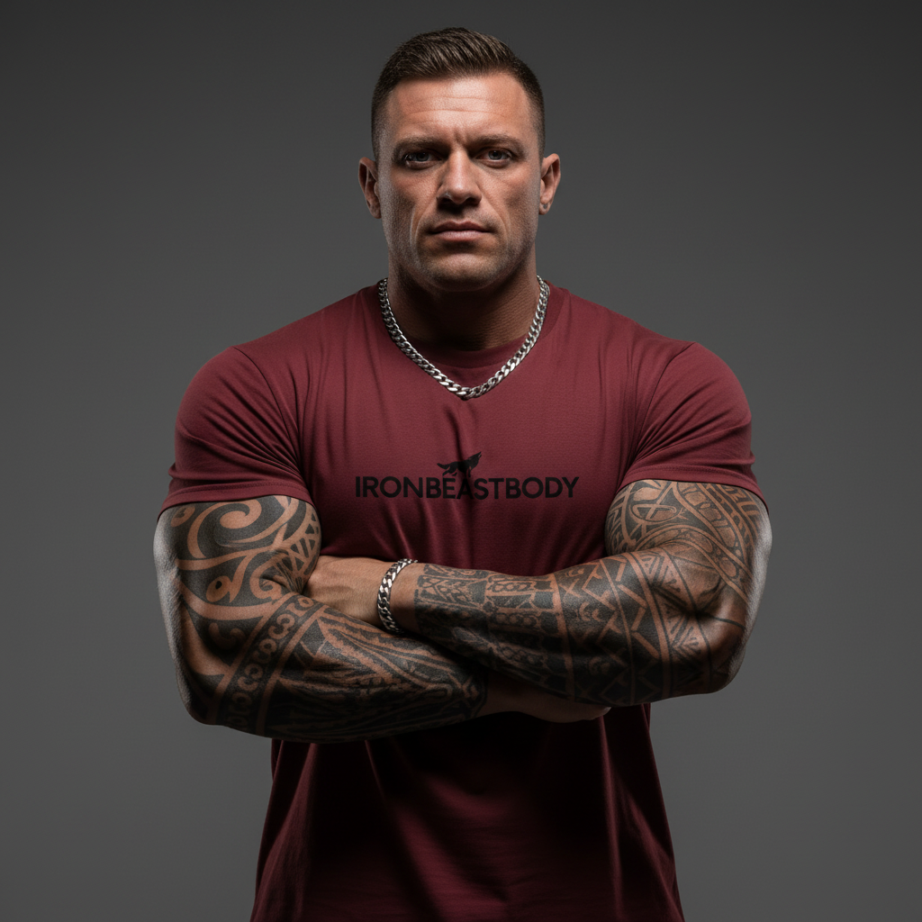 Earth Power Bio T-Shirt Schwarz - IRON BEAST BODY Premium Bio-Baumwoll Fitness Shirt Model
